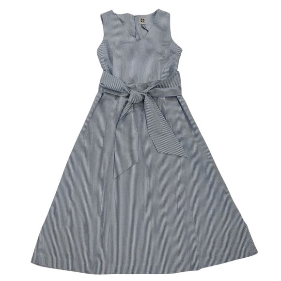 Anne Klein Blue & White Striped Sleeveless Midi Dress With Tie Waist. NWT. - Picture 1 of 7